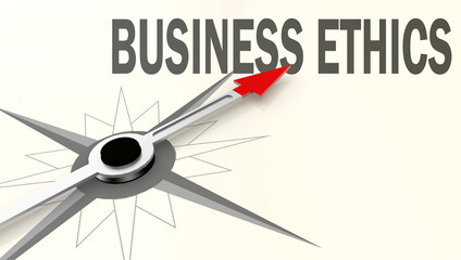 Business ethics word on compass with red arrow