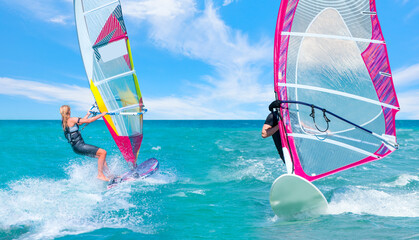 Beautiful cloudy sky with (same) Windsurfer Surfing The Wind On Waves In Alacati - Cesme, Turkey 