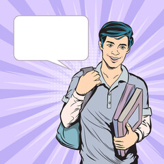 Smiling man, shoulder bag, Office worker concept. Pop art retro illustration comic Style Vector, Separate images of people from the background.