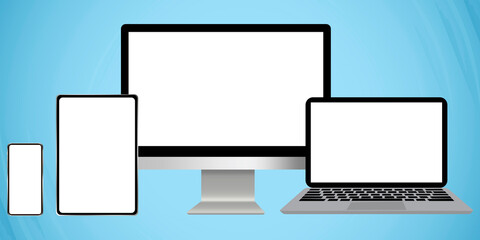 Image of tablet computer laptop computer mobile phone. Digital devices with blank screens. Vector icon of isolated gadgets mekets. Stock Photo.