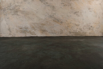 Image of textural table in front of abstract blurred background. Empty textural table platform over background for present product. Copy space.