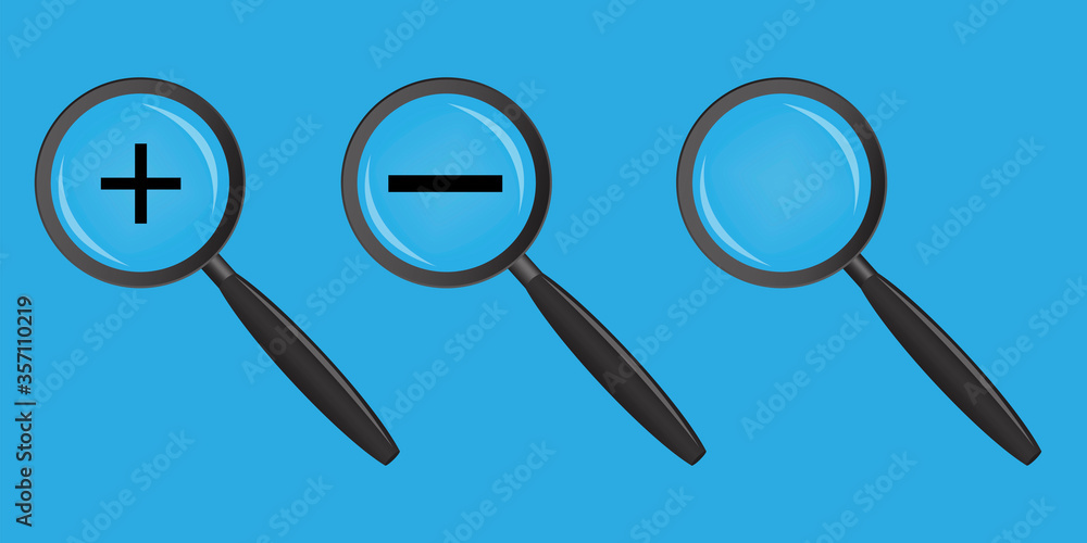 Poster vector magnifying glass icon. a set of loops with zoom plus and minus. sign of increase and decrease