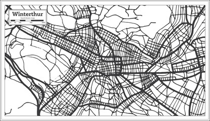 Winterthur Switzerland City Map in Black and White Color in Retro Style.