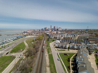 Cleveland industrial railroad past and lakefront future aerial view of the city