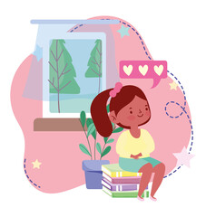 online education, student girl sitting on stack of books in the home, website and mobile training courses