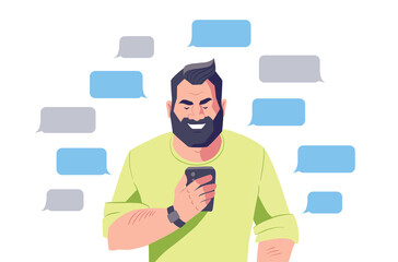Handsome man with beard holding smartphone. Speech bubbles for text messages. Social media communication concept. Cartoon character, vector illustration.