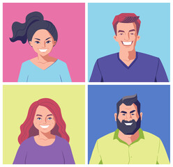 Cartoon portraits of young adults, front view. Diverse group of people, vector character illustration. User avatars for social media. Happy men and women, heads and smiling faces.