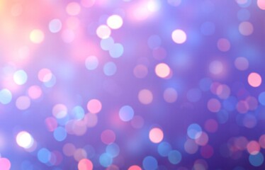 Festive bokeh lights pink blue on lilac blurred background.