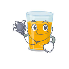 Smiley doctor cartoon character of glass of orange juice with tools