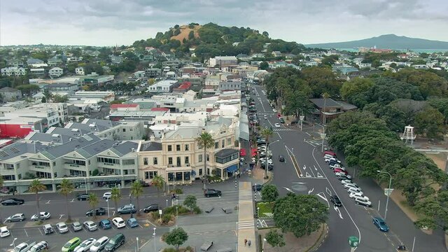 Aerial: Devonport town center, Auckland, New Zealand