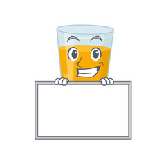 Glass of orange juice cartoon design style standing behind a board