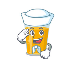 Smiley sailor cartoon character of glass of orange juice wearing white hat and tie