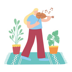 stay at home, woman playing fiddle musical instrument, self isolation, activities in quarantine for coronavirus