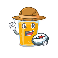 mascot design concept of glass of orange juice explorer using a compass in the forest