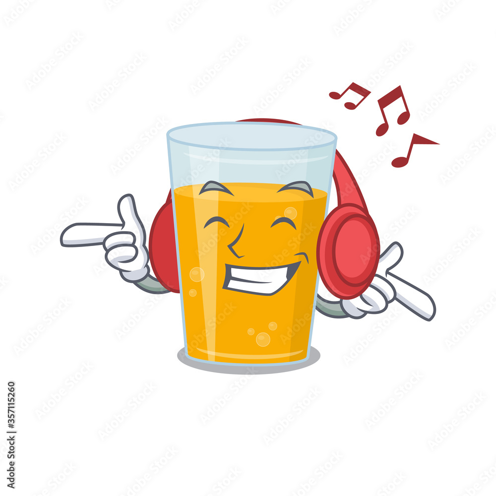 Poster Glass of orange juice Cartoon design concept listening music on headphone