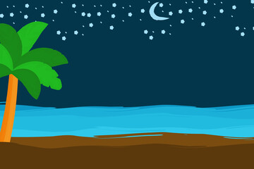 Fototapeta na wymiar Tropical summer night scene with palm tree, sand, sea shore, Moon and stars, copy space for text.