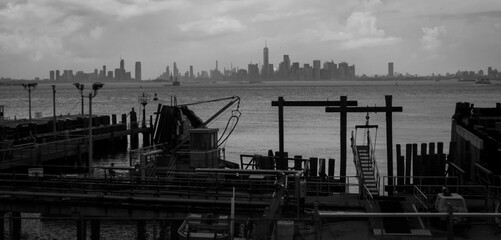 New York skyline view from Staten island. Black and white