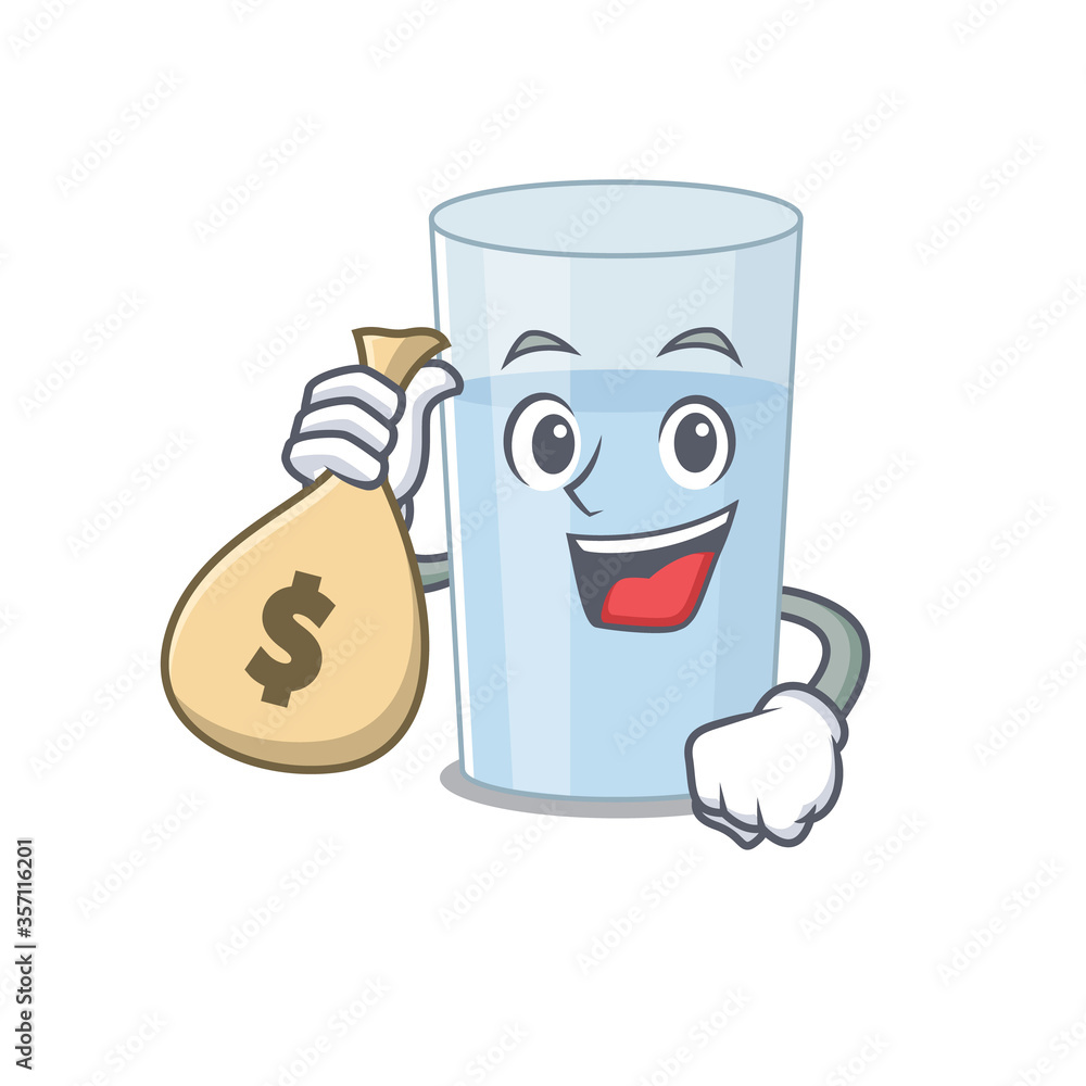 Poster Crazy rich glass of water mascot design having money bags