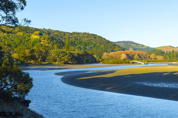 Obraz premium Panoramic Morning View of Wenderholm Beach Auckland New Zealand; During Low Tide Time; Regional Park