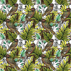 Amazon paradise botanical blossom foliage bouquet watercolor colorful seamless pattern for fabric print fashion backdrop