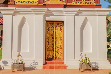 view of the door with ancient traditional angle golden line art, Thai Lur style art, Wat Hua...