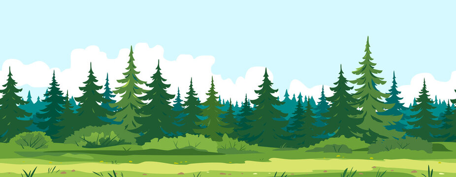 Path Along Spruce Forest With Big Green Trees Game Background Tillable Horizontally, Tourist Route Near The Dense Spruce Forest And Bushes In Summer Sunny Day Nature Illustration Background