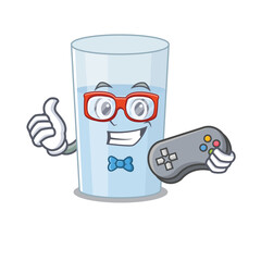 Mascot design style of glass of water gamer playing with controller