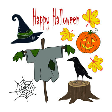 Happy Halloween. Set for stickers or postcard design. Hand-drawn Scarecrow, pumpkin, wizard's hat, Raven, web. Vector image.