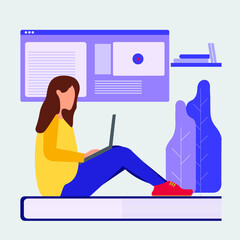 Young student watching lesson online and studying.Online education concept. Vector illustration. E-learning Concept for web page, banner, presentation.
