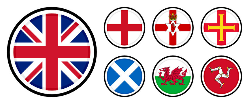 set of round icons. united kingdom, england, northern ireland, wales, scotland, isle of man and guernsey flags. isolated on white background