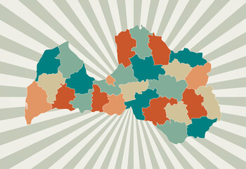 Latvia map. Poster with map of the country in retro color palette. Shape of Latvia with sunburst rays background. Vector illustration.