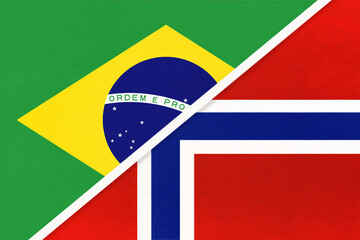 Brazil and Norway, symbol of national flags from textile. Championship between two countries.