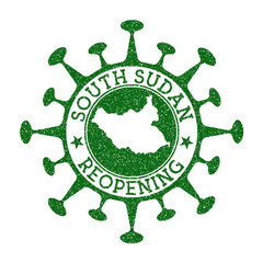 South Sudan reopening stamp. Green round badge of country with map of South Sudan. Country opening after lockdown. Vector illustration.