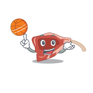 Sporty cartoon mascot design of lamb chop with basketball