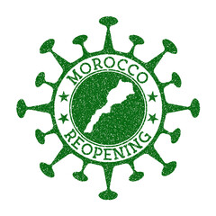 Morocco reopening stamp. Green round badge of country with map of Morocco. Country opening after lockdown. Vector illustration.