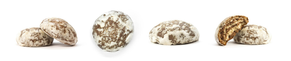 Set of round gingerbread. Close up. Isolated on a white background