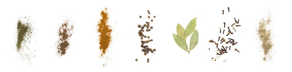 Set of various spices. Red and black pepper, dry cloves, Bay leaves, dried dill, peas. Close up....