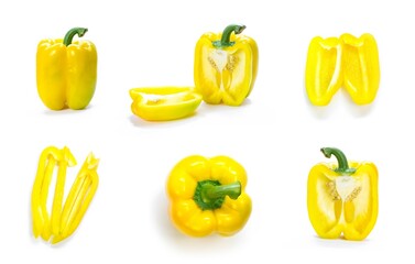 Set of sliced yellow bell peppers. Close up. Isolated on a white background