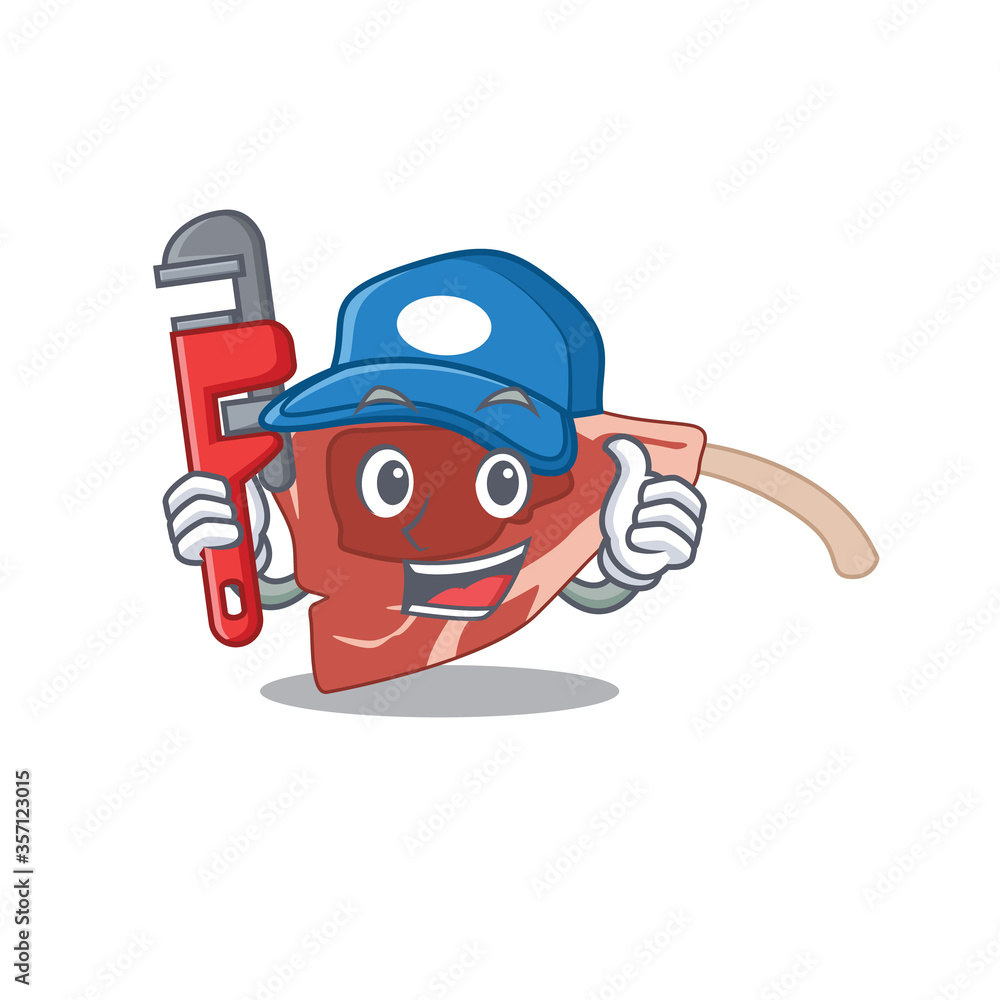 Poster cartoon character design of lamb chop as a plumber with tool