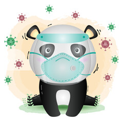 Panda using face shield and mask.  Covid-19,  coronavirus vector illustration.