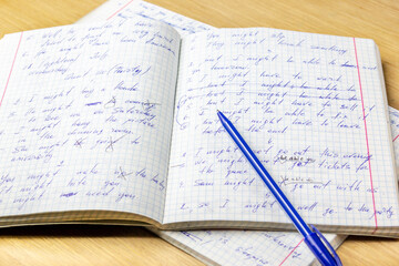 Sheets of school student notebook scribbled with a blue ballpoint pen.