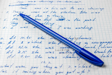 Sheets of school student notebook scribbled with a blue ballpoint pen.