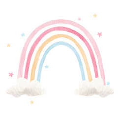 Beautiful image with watercolor colorful rainbow with clouds and stars. Stock illustration.