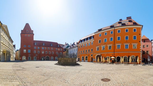 Historic buildings at plaza Haidplatz in Regensburg