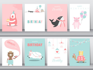 Fototapeta na wymiar Set of baby shower invitation cards,birthday,poster,template,greeting,cute,bear,animal,Vector illustrations