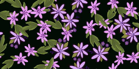 Fototapeta na wymiar Simple cute floral bouquet vector pattern with small and medium flowers and leaves.