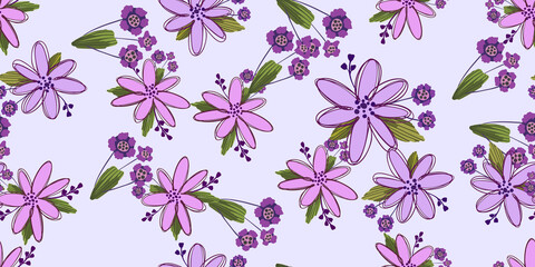 Simple cute floral bouquet vector pattern with small and medium flowers and leaves.
