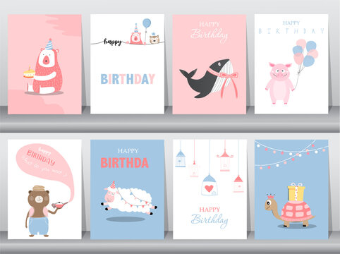 Set of baby shower invitation cards,birthday,poster,template,greeting,cute,bear,animal,Vector illustrations