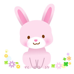 花に囲まれたかわいいピンクのうさぎ