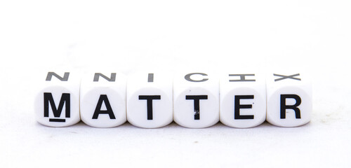 The word matter in black text isolated on a white background image with copy space in horizontal format
